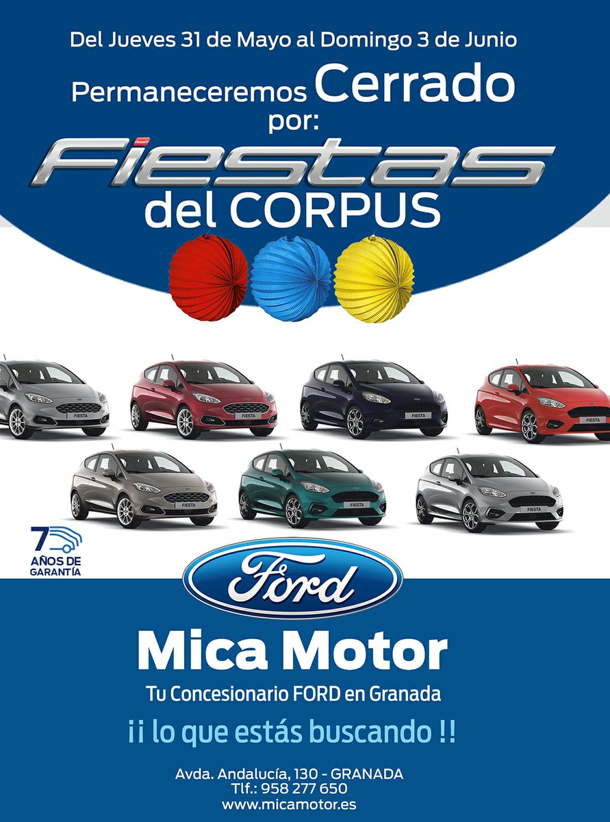 MicaMotor's tweet photo. Mica Motor estará cerrado estos días, volvemos el lunes día 4 de junio.
🚙 https://t.co/urOUT6QtpS 🚘
#Granada #GranadaCoches #Vehículos #ElCocheDeTuVida #MicaMotor #FordGranada #CapturandoMomentos #InspiraciónFord #MustangGranada #FordMustang #Rally #NovedadesFord #Corpus18 https://t.co/TnlOGlDzXM
