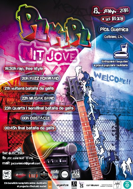 Buena música y con implicación social solo la encontrarás este fin de semana en la #FiestaRkR en la #PlazaGuernika a las #17:30h
<a href="/aeitaca/">Ass. Educativa Itaca ⛵</a>
<a href="/ocialbarrilh/">Oci al Barri L'H</a>
<a href="/JOC_ZSEP/">JOC Zona Sud-El Pla</a>
<a href="/LHAjuntament/">Ajuntament de L'Hospitalet</a>
<a href="/MugakOficial/">Mugak</a>
<a href="/grupobstacle/">OBSTACLE</a>
<a href="/FuzzForward/">Fuzz Forward</a>
<a href="/abd_ong/">ABD</a>