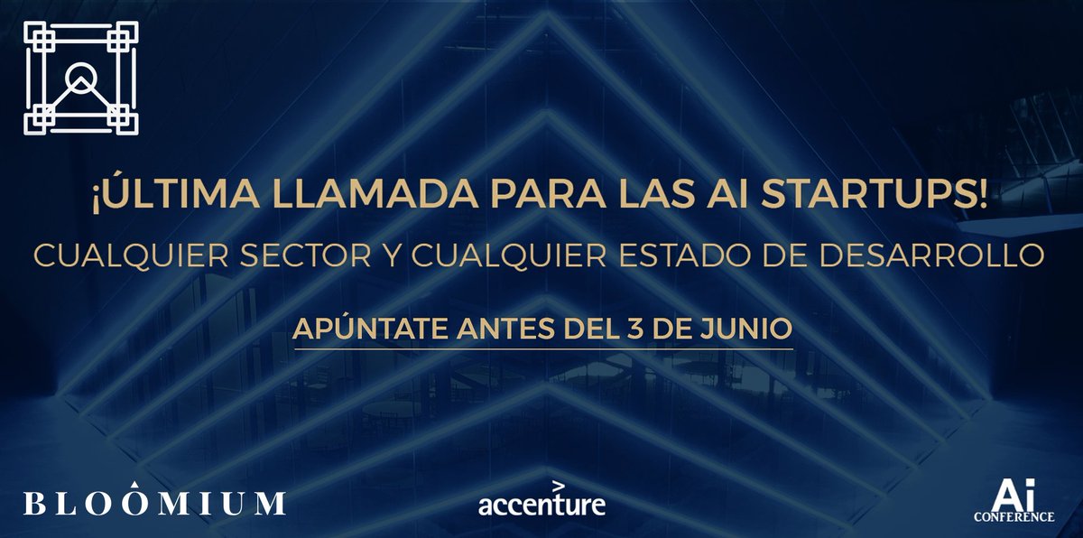 Bloomium's tweet photo. 📢¡La convocatoria del #AISTARTUPCOMPETITION está a punto de cerrarse! Tienes hasta el 3 de Junio para apuntarte 👉https://t.co/A4tS81UVsP #investment #startup #madrid https://t.co/gUII3TkP3W