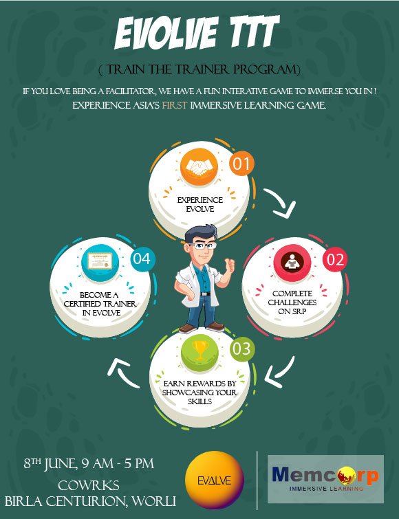 Memcorpimmerse's tweet photo. Do you have what it takes to evolve? 

Attend the third batch of EVOLVE TTT at CoWrks in Mumbai on 8th June, 2018 from 9.00 am - 5.00 pm - Learn to Facilitate a Game-Based Learning Tool!

Only a few seats left, sign up here: - https://t.co/fg1SCghxCm https://t.co/LMVjNwSeFF