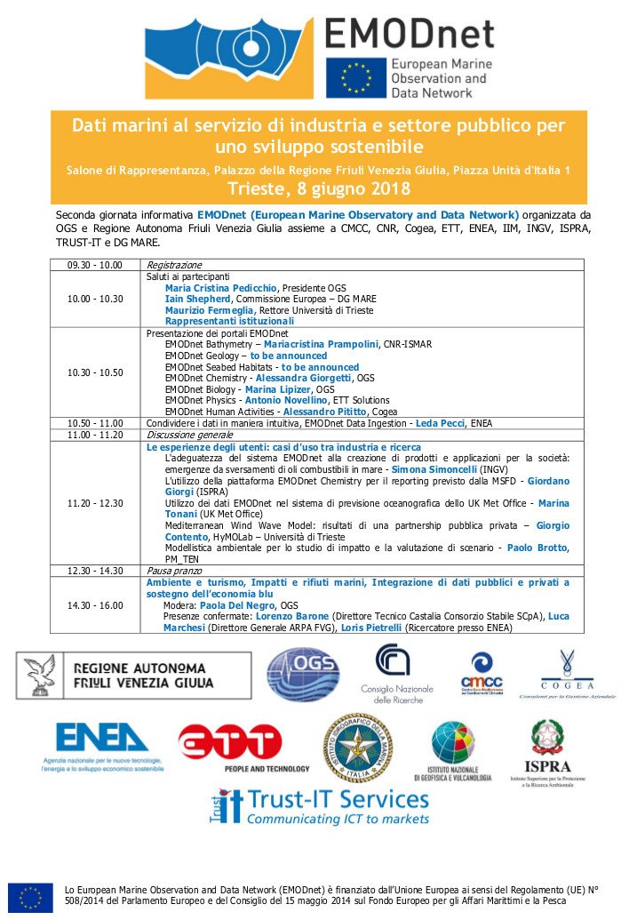 CNRDTA's tweet image. Evento: Dati marini al servizio di industria e settore pubblico per uno sviluppo sostenibile-Palazzo della Regione Friuli Venezia Giulia,Trieste,8 giugno 2018 
Seconda giornata informativa EMODnet (European Marine Observatory and Data Network) Partecipa il #CNR_ISMAR  @StampaCnr