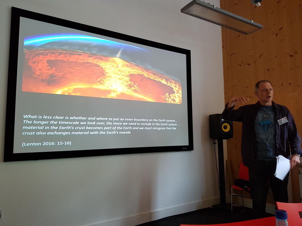 szerszynski's tweet photo. Nigel Clark on Ex-orbitant Planetarity - and how major evolutionary transitions might have been partly enabled by matter falling into the Earth or coming up from the inner earth.   #multiplanetaryfutures @multiplanetary1 https://t.co/Dxdp3AzMpN