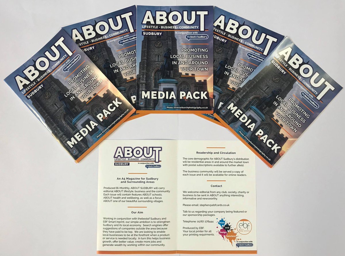 The media packs for ABOUT Sudbury are all ready to go! Featuring a beautiful photo of @StPeterSudbury  on the cover. If you'd like any more information then send us a message or call on 01787 278444 #SudburyLove #Suffolk