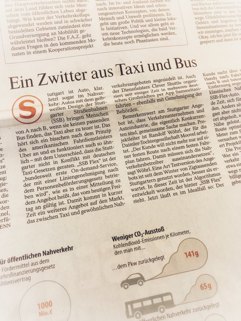Mi_Kuhn's tweet photo. Schönes Stück von @supreuss in der FAZ zu #moovel on-demand: Ab heute sind App-basierte Sammelfahrten über die #SSBFlex App möglich als Bestandteil des Nahverkehrs in Stuttgart. #ÖPNV https://t.co/XNnsztU4dJ