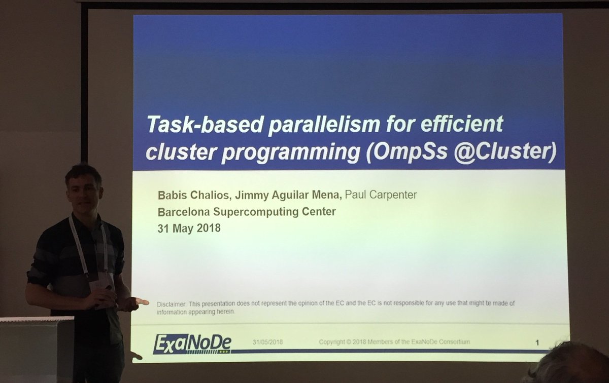 ExanodeProject's tweet photo. Talk "Task-based parallelism for efficient cluster programming" given by @paulmcarpenter  of @BSC_CNS during during the joint #Exascale workshop https://t.co/gzQqmuiBuV …  with @ExaNeSt_H2020  @ECOSCALE @euroexa @EU_H2020 #EPHCSW https://t.co/3wW9iWvpCV