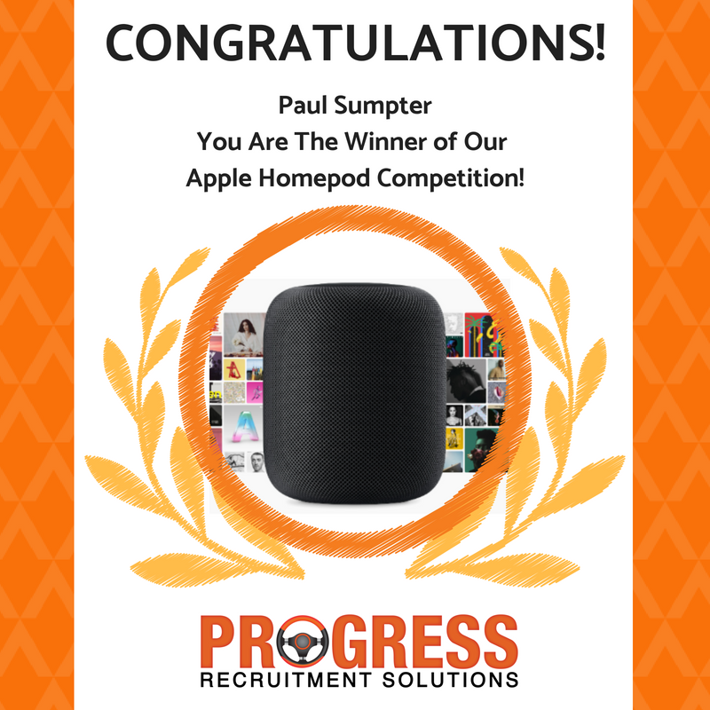 ProgressRecruit's tweet photo. The winner of our Apple Homepod Competiton is.... Paul Sumpter! 

Congratulations Paul! 

#HappyFriday #Friyay #FridayFeeling https://t.co/ceM1Cl4wo7