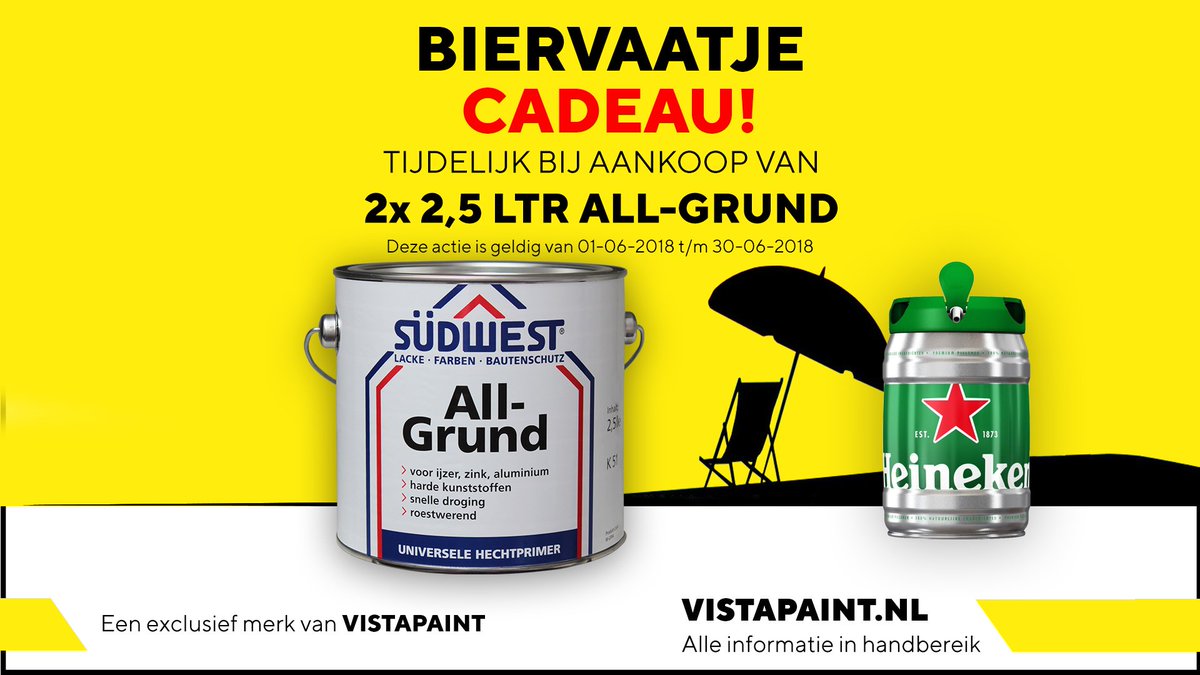 VistapaintNL's tweet photo. #Vistapaint actie: Heerlijk weer en bier, een heerlijke combinatie! Nu de gehele maand juni is bij aankoop van 2 x 2,5 ltr Südwest All-Grund een #Heineken biervaatje van vijf liter cadeau! Stap in jouw auto of spring op de fiets en scoor zo'n #biervaatje bij jouw groothandel! https://t.co/fcuW2rEUwg