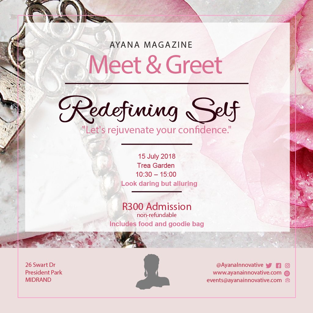 AyanaMagazine_'s tweet photo. Happy new month! 🌻🌈

An invitation to all women who read this, to join us next month, as we celebrate our first birthday by hosting a Redefining Self event.

📆: 15 July 2018
📍: @TreaGarden 
💰: R300 (incl. food and goodie bag sponsored by @CoriumSkincare)

[Thread] https://t.co/6T4sAcMASU