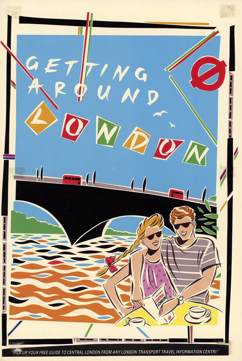 TfL's tweet photo. This poster literally screams ‘80s’! Why not bust out your old dayglo t-shirt, crank up the Bananarama and have a retro trip around London this half term #tflposters #offpeaklondon https://t.co/8OyC6py5bx https://t.co/FZyt79pSKv