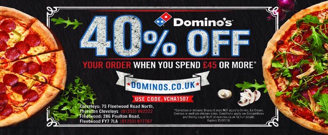 voucherpacks's tweet photo. 40% OFF WHEN YOU SPEND £45 OR MORE AT @Dominos_BLkPool @Dominos_UK https://t.co/Bxy0HPgxZv