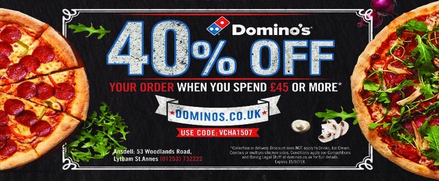 voucherpacks's tweet photo. 40% OFF WHEN YOU SPEND £45 OR MORE AT @Dominos_BLkPool @Dominos_UK https://t.co/Bxy0HPgxZv