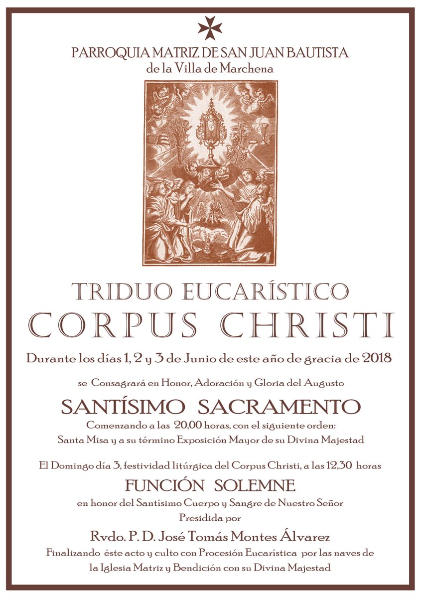 SacramentalSJ's tweet photo. Tras el magnífico día vivido este #JuevesdeCorpus #CorpusMarchena a partir de hoy celebramos Solemne Triduo, a partir de las 20 horas, en honor al Santísimo Sacramento en la Parroquia @SanJuanMarchena #Alabadoseajesussacramentado https://t.co/Y4S6Au429N