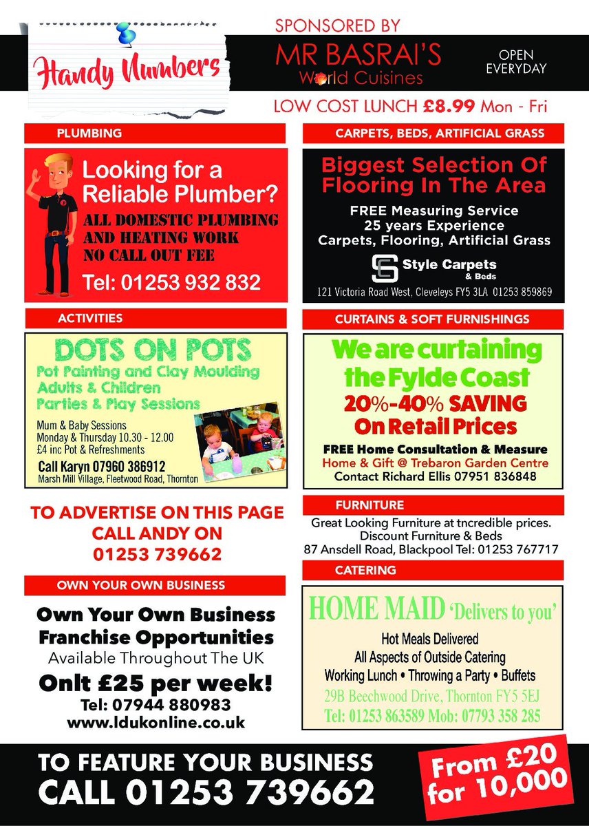 voucherpacks's tweet photo. HANDY NUMBERS: all your needs from great food to a reliable plumber and plenty more including... Millercare Mobility Specialists Brothertons Mr Basrai's World Cuisines Blackpool GreenThumb Lawn Treatment Service Bodytech Blackpool Home &amp; Gift at Trebaron Garden Centre https://t.co/QMpEiK8Dm5