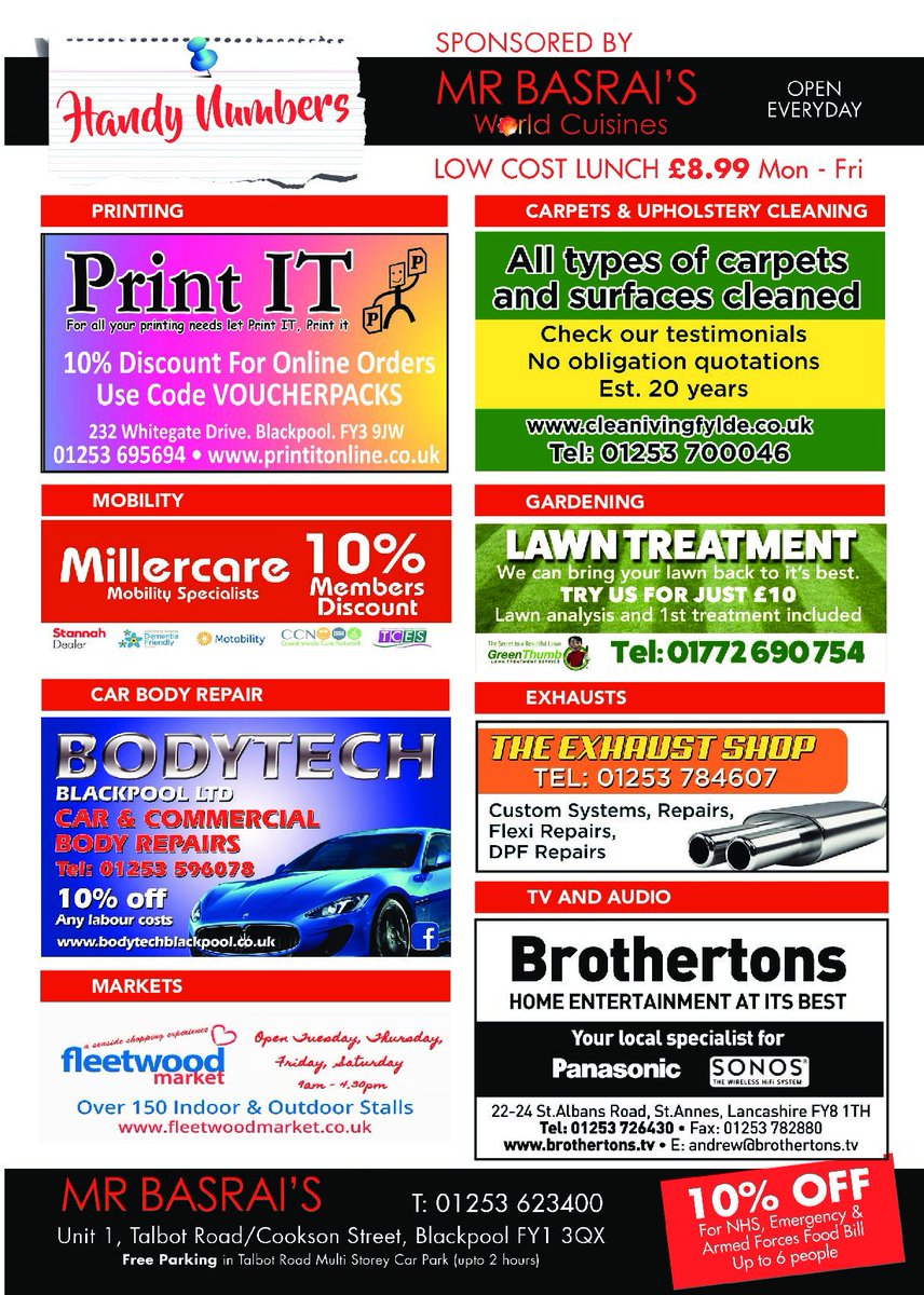 voucherpacks's tweet photo. HANDY NUMBERS: all your needs from great food to a reliable plumber and plenty more including... Millercare Mobility Specialists Brothertons Mr Basrai's World Cuisines Blackpool GreenThumb Lawn Treatment Service Bodytech Blackpool Home &amp; Gift at Trebaron Garden Centre https://t.co/QMpEiK8Dm5