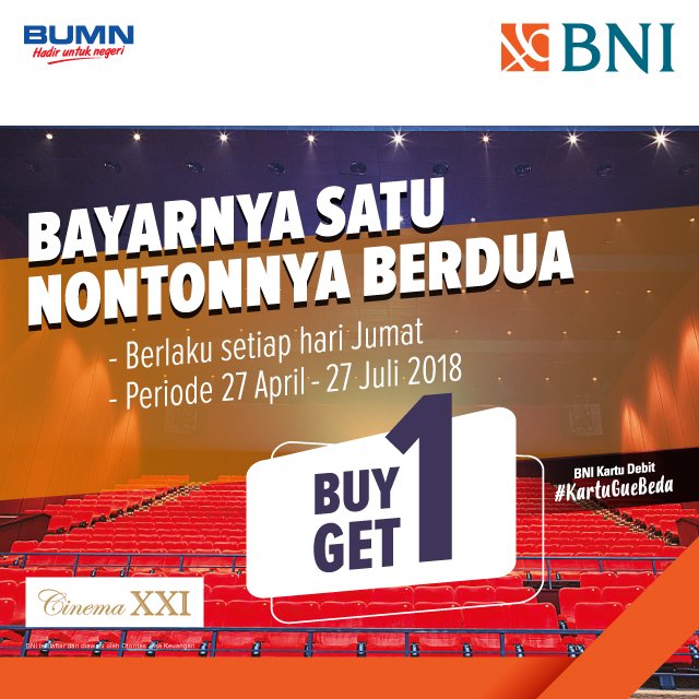 Daripada bosan long weekend gini di rumah aja, ajak teman-teman kamu hang out nonton film baru di bioskop, yuk. Biar nontonnya lebih hemat, bayar tiketnya pakai Kartu Debit BNI. Selengkapnya di bit.ly/BNINomat. #KartuGueBeda