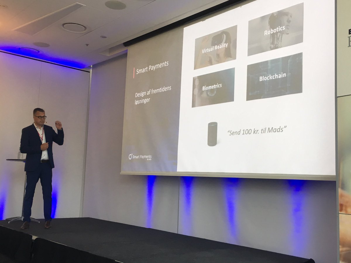 SmartpaymentsDK's tweet image. &quot;At @SmartpaymentsDK we&apos;re testing the future payment solutions such as blockchain, biometrics, robotics and virtual reality&quot; says Thomas Jul, country manager at @NetsDanmark to @borsendk payment conference.