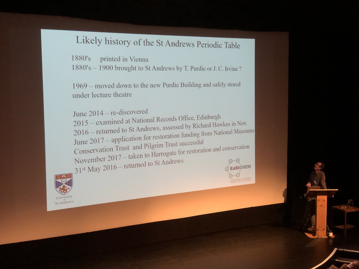 theyakman's tweet photo. Currently accepted as the oldest periodic table in the world that was used for teaching.
The table has returned to St Andrews yesterday, and a facimilie will be displayed in the Chem department @univofstandrews while the original will be preserved in the uni’s archive.
#npb2018 https://t.co/jAR8G8S9Ul