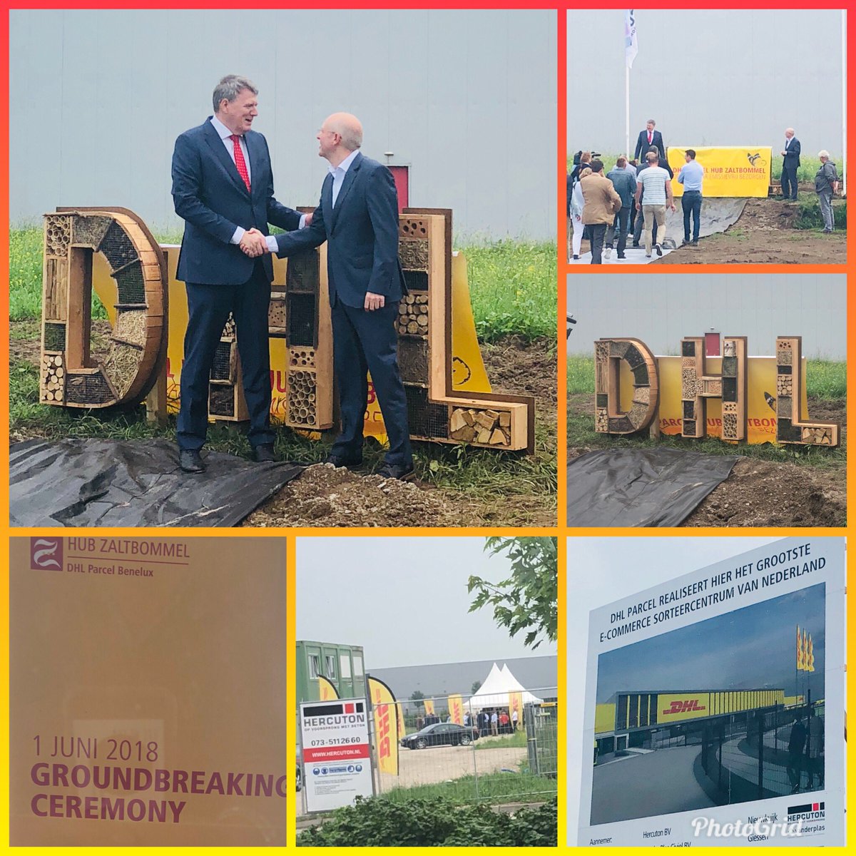 maaikevdven's tweet photo. Groundbreaking ceremony DHL nieuwbouw grootste e-commerce sorteercentrum Nederland door Hercuton b.v. #onthullinginsectenhotel #bedrijventerrein #DeWildeman #duurzaam #Gemeente Zaltbommel #trots https://t.co/dCciIkVkOa