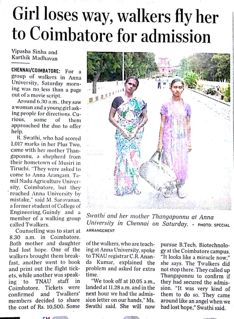 vasudevan_k's tweet photo. A girl from a shepherd family came to the wrong city/university for admission. Chennai's Morning walkers buy them air tickets to Coimbatore and ensures she gets admission in the right college. https://t.co/NDokpqLdH0