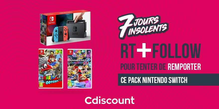 Cdiscount's tweet photo. 🎁 #Concours 

👌 À gagner pour les 7 Jours Insolents : Un pack Nintendo Switch + Mario Odyssey + Mario Kart 8 Deluxe  👉 https://t.co/fFknu2AZU9

🔸 Pour tenter votre chance : 
RT + Follow @Cdiscount

☑️ TAS 07/06

Règlement : https://t.co/3Oqi39MiaY https://t.co/HOt8dW4fLU