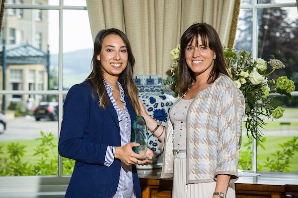 ScotPAnetwork's tweet photo. Celebrations @Gleneagleshotel with the hotel's Ashley Thomson presenting Best PA Newcomer Frances Race with her winner trophy #ScottishPAAwards.  Other winners joined us and enjoyed afternoon tea at the stunning, newly-opened Ochil House @Gleneagleshotel #laughter https://t.co/2NcrZcLShd