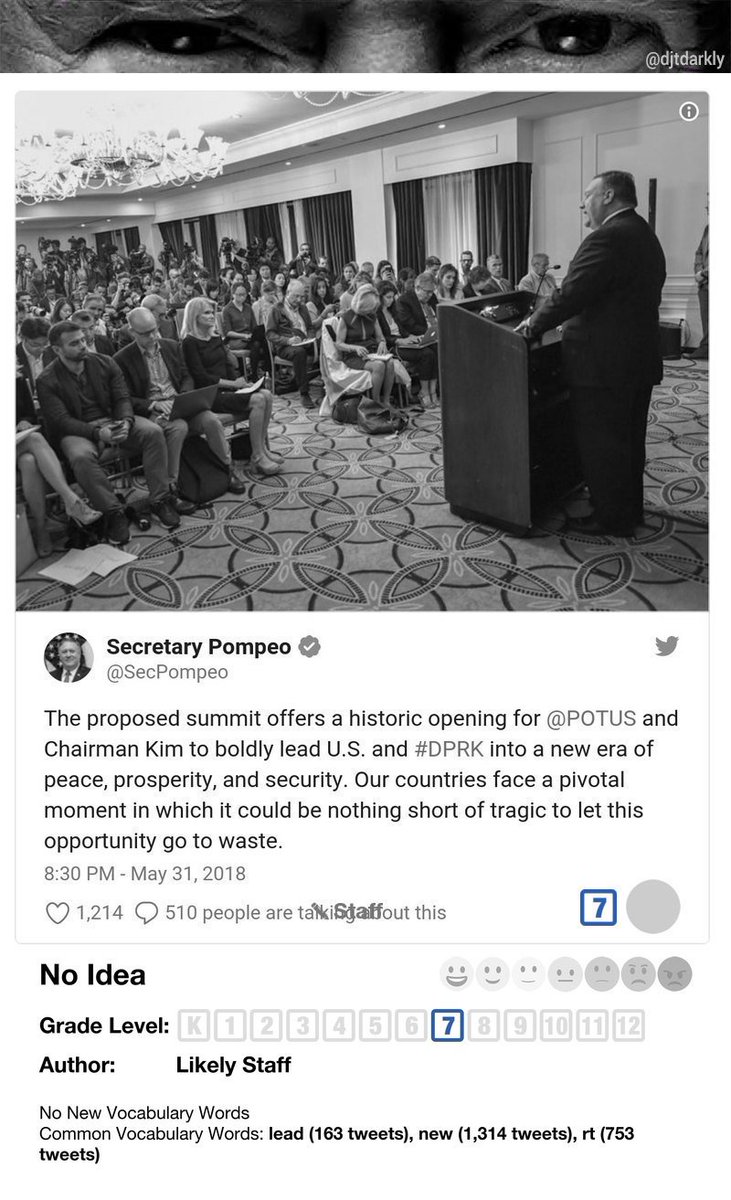 djtdarkly's tweet photo. .@realDonaldTrump #stafftweet #7thgrade #DPRK @SecPompeo @POTUS https://t.co/zIHDLz8vD3 https://t.co/aBEzWtD1AN