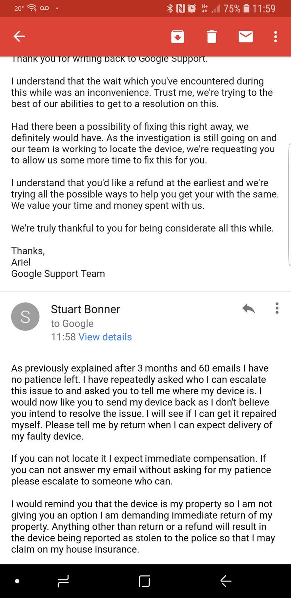 Latest update on this ongoing saga. <a href="/Google/">Google</a> <a href="/madebygoogle/">Made by Google</a> no one can tell me where it is. 3 months and now over 62 emails. It may be time to consider <a href="/Apple/">Apple</a>