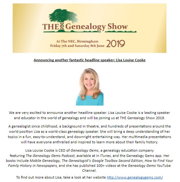 THE_Gen_Show's tweet photo. STOP PRESS: BREAKING NEWS: Lisa Louise Cooke will be joining us as a speaker and exhibitor AND doing book signings in Birmingham! #genealogy #THEGenShow2019 https://t.co/f6DnUxONRl