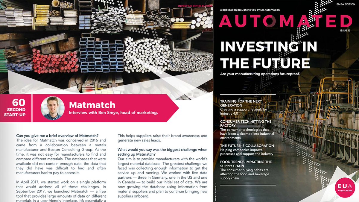 MatmatchGmbH's tweet photo. βInvesting in the #Futureβ is the focus of the 13th issue of the @euautomation magazine. So itβs the perfect place for the #Matmatch #story to be told! And there we are βΊοΈ Online version here: https://t.co/8IDRuCQdGI https://t.co/jrDaBvkl5c