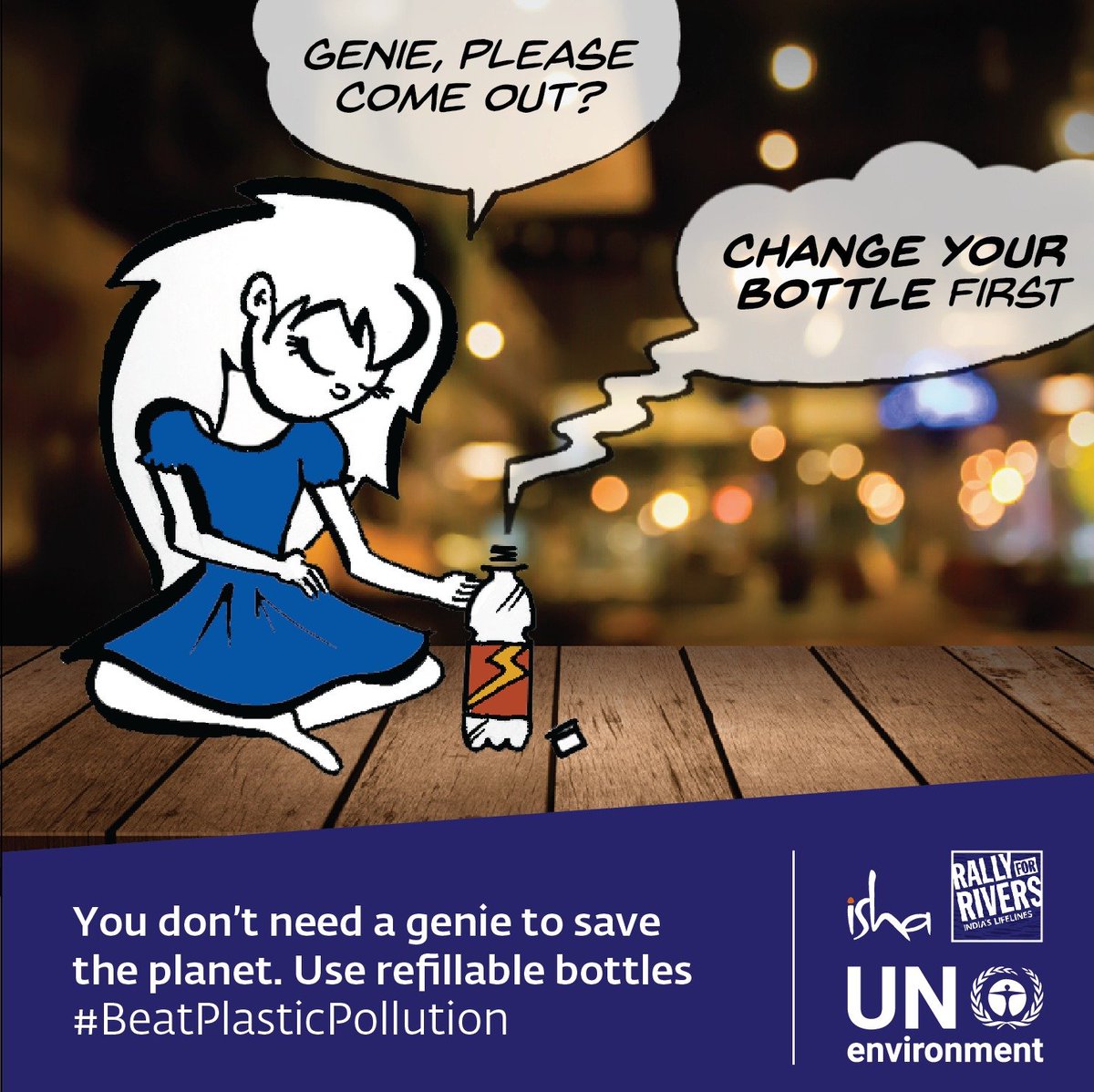 IshaUSA's tweet photo. Every second 1,500 plastic bottles are thrown away in the US. Out of the 50 billion bottles of water bought each year, 80% end up in a landfill. If laid end to end, that’s enough bottles to travel to the moon and back 10 times! #BeatPlasticPollution #WorldEnvironmentDay #Sadhguru https://t.co/9adXOWgUut