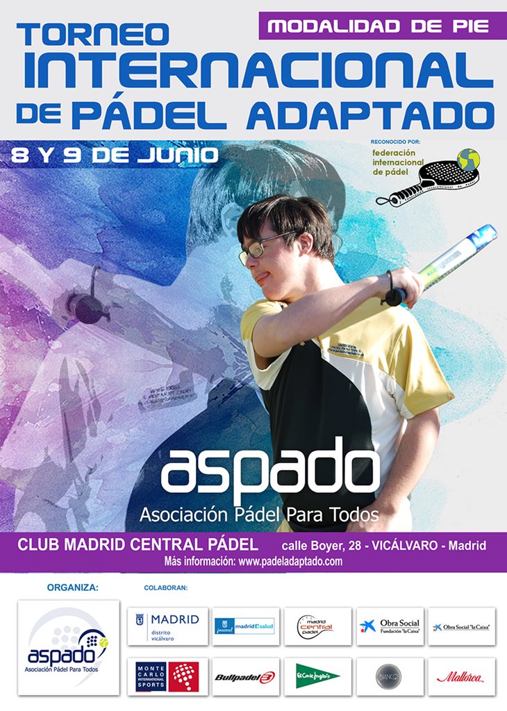 padeladaptado's tweet photo. ASPADO organiza el 8 y 9 de junio su tradicional Torneo Internacional de Pádel Adaptado en la modalidad de pie. La prueba cuenta con el aval de la @padelfip y se realiza en las pistas del club Madrid Central Pádel. https://t.co/tS3oLyNxh2 https://t.co/4sSeQnwLss