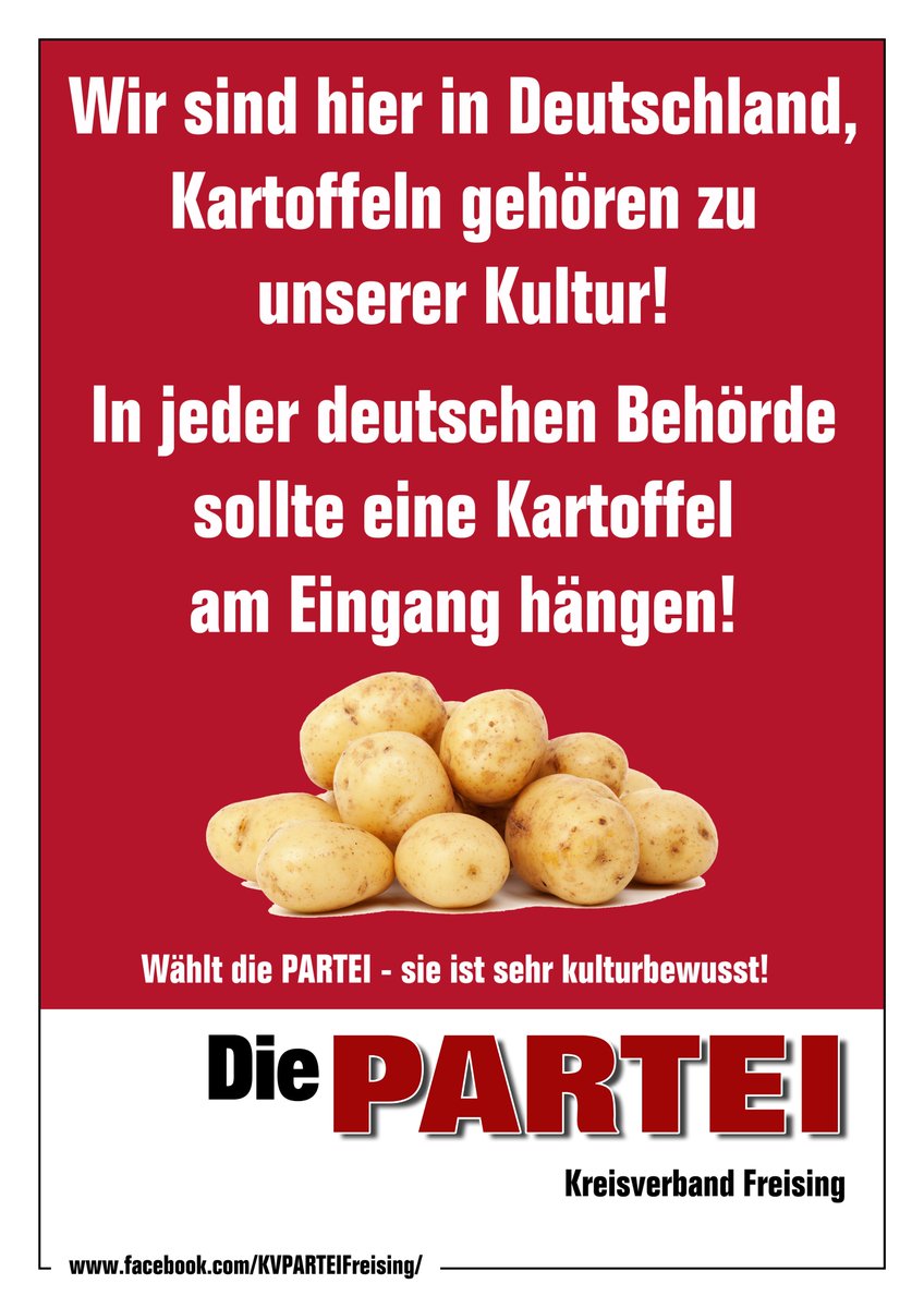 parteifreising's tweet photo. Für mehr Kartoffelbrei!
#DiePartei #Freising #Sieistsehrgut #Deutschland #Kartoffeln #WM2018 #Kultur #Deutschsein https://t.co/13lpOhG8EU