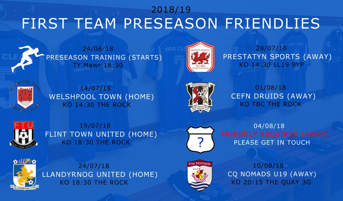 CefnAlbionFC's tweet photo. In preparation for the new 2018/19 WNLPD season, our 1st team have some fantastic friendlies lined up. We are without a fixture for the 4th August so if you can host us then please get in touch @WelshpoolTown @FlintTownFC @LlandyrnogFC @PrestatynSports @CefnDruids @the_nomads https://t.co/v5CHWgb0Oy