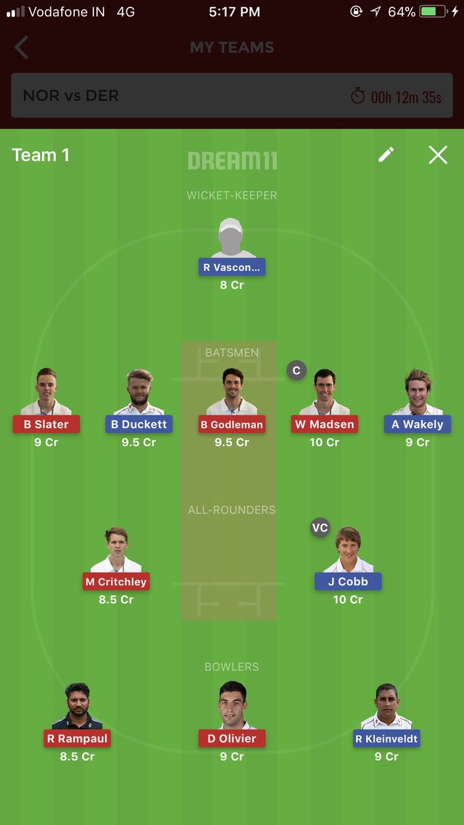ViratKohli_007's tweet photo. #WASvsDUR #NORvsDER Final Teams #ENGODD #Dream11 https://t.co/MOZ4kthmi7