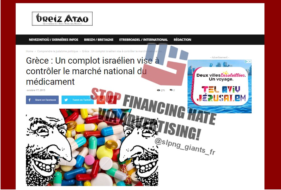 slpng_giants_fr's tweet photo. 🚨 @IsraelTourism, see where your #Citiesbreak ad is displayed!
A part of your ad money unwillingly sponsors the blatantly antisemitic site #Breizatao.com!

Please remove it from your display network, and ask @Adwords/@Adsense how they can keep such a site in their editor pool https://t.co/8yFPYzxfU4