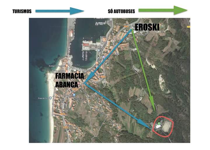 Información para mañán.
Os turismos deberán aceder polo cruce de Abanca e a Farmacia.
Só os autobuses acederán polo Eroski.
Mapa con diferentes zonas do VI Pequebasket Concello de Porto do Son.
<a href="/cbportodoson/">CB.PortoDoSon 🏀</a> #cboutes