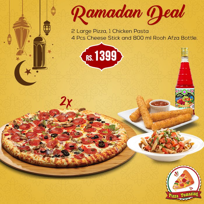 Order 2 Large Pizza, 1 Chicken Pasta, 4 Pcs Cheese Stick and 1 Rooh Afza Bottle 800ml. just for Rs. 1399 from #PizzaYumazing

Order Now: goo.gl/uKfzf4 or Call 021 111 775 775

#SupermealPK #Ramadan #Karachi #Deals #Discounts