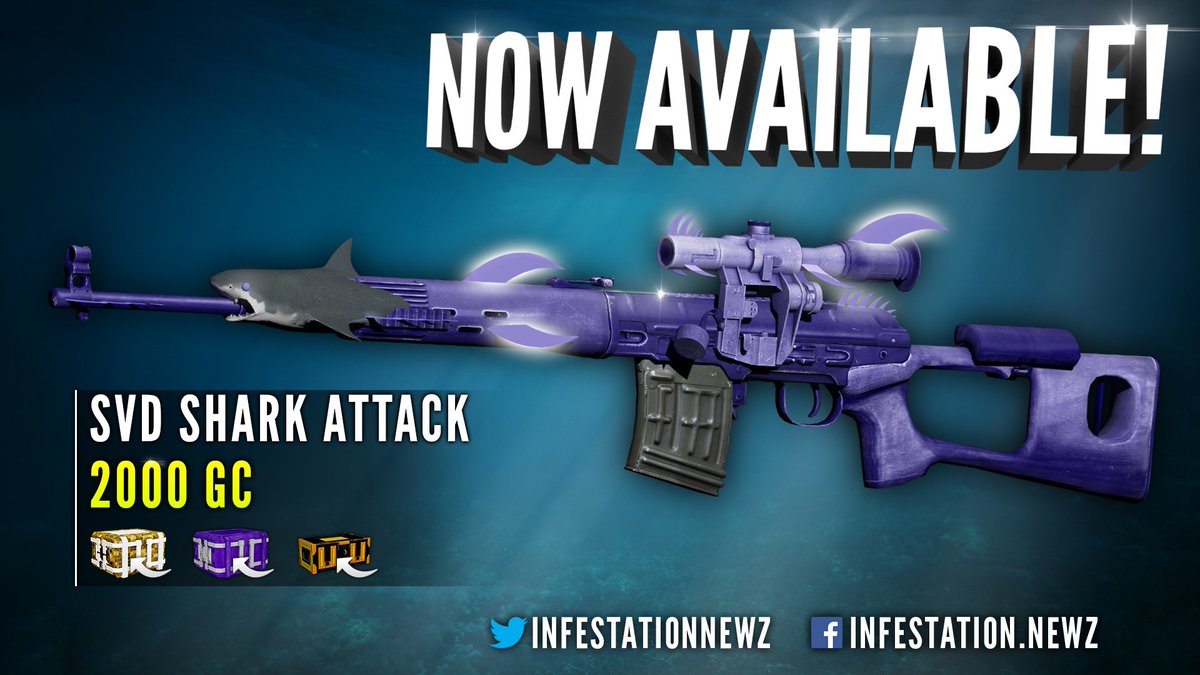 infestationnewz's tweet photo. 📣😱👀 NOW AVAILABLE &amp; RELEASED! The SVD Shark Attack skin is now available in the in-game marketplace and can also be dropped from Mystery, Community &amp; Revolution skinboxes! https://t.co/6tPWwXErRU