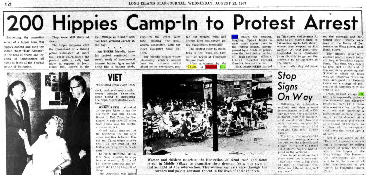 200 HIPPIES CAMP-IN TO PROTEST ARREST - free Dana Beal! - dance & sing 'Hare Krishne' at Federal House of Dentention - sandalwood & banana peel in slaughterhouse district - Tompkins Sq concert by THE THUGS, satirical folk-rock - August 1967