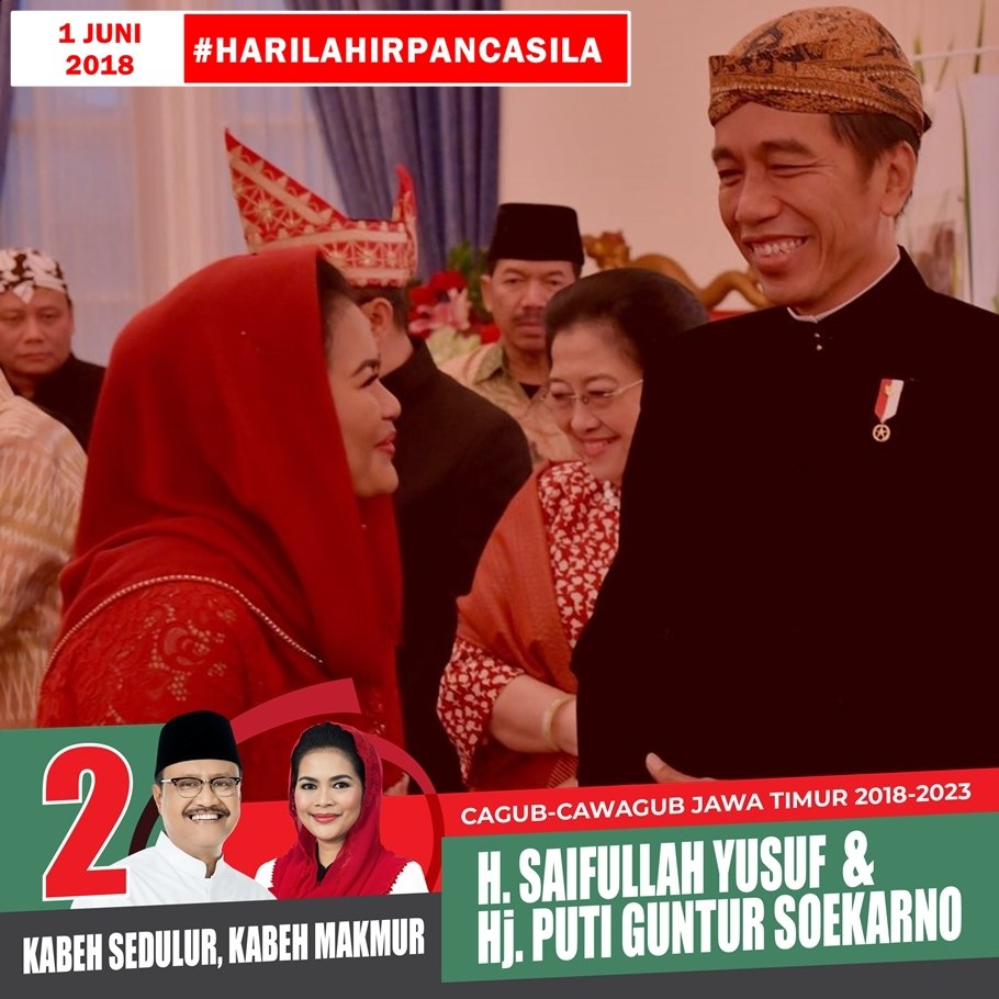 Keakraban Presiden Joko Widodo dan Puti Guntur Soekarno. Sama-sama seorang nasionalis sejati, sama-sama terus berjuang mewujudkan kesejahteraan rakyat.

Presiden Jokowi 2 Periode, Pilgub Jatim Pilih Nomor 2.
#KitaPancasila 
#PancasilaZamanNow 
#JuniBulanBungKarno