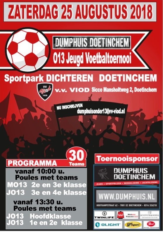 Doe ook mee met het voorbereidingstoernooi voor het nieuwe voetbalseizoen. Op zaterdag 25 aug. voor teams Onder13. Nu op een heel veld voetballen @VDZArnhem <a href="/SMLarnhem/">SML arnhem</a> <a href="/OBWZEVENAAR/">sv OBW</a> <a href="/svDCS/">sv DCS</a> <a href="/scgroessen/">Sportclub Groessen</a> <a href="/vvAD69/">AD'69</a> <a href="/vvTrekvogels/">v.v. Trekvogels</a> @VVG25Gaanderen <a href="/fcwwijklive/">FC Winterswijk Live</a> <a href="/longa30/">Longa '30</a> <a href="/svgrol/">Grol</a> <a href="/fctrias/">FC Trias</a>