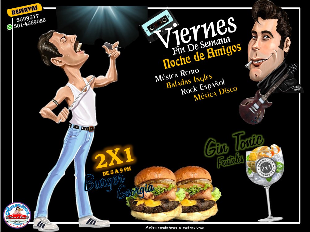 AmericanDinerP's tweet photo. #Viernes #FindeSemana #Amigos Disfruta de nuestro 2x1 en #BurgerGeorgia. 👉🍔🍔👈 
2x1 en #GinTonic Frutales 👉🍷🍷👈 de 5 a 9pm
#Burger #Cerveza #Miller #Heineken #Nachos #OnionRings #Burritos #Milkshakes variedad en #Comida #Licores #Bebidas. Te esperamos...#Cali #BarrioGranada https://t.co/ACbeNq8rsw