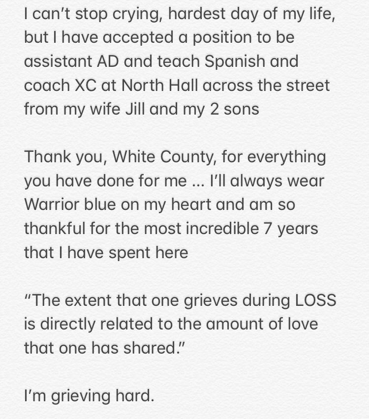 CoachBorg's tweet photo. I love you, White Co Warriors!!

“The extent in which one grieves when experiencing LOSS is directly related to the extent in which one has LOVED. 🚾🏀🏆🏃🏽‍♂️🏃🏽‍♀️

Warrior Blue forever, following my Jesus and trusting Him with this next adventure. https://t.co/hrJeAV0paY