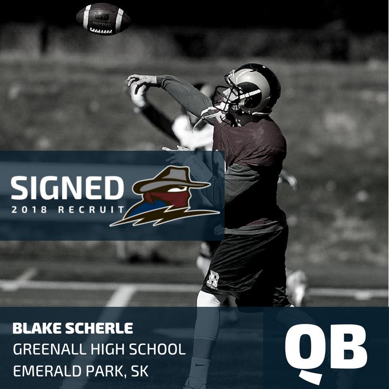 reginathunder's tweet photo. The Regina Thunder are excited to announce that, Blake Scherle: Greenall High School has signed with us.  We are very excited to have landed Blake, he has a very strong arm and has post-secondary experience! #togetherweroll #CJFLSigning https://t.co/bfz8xlMYYh