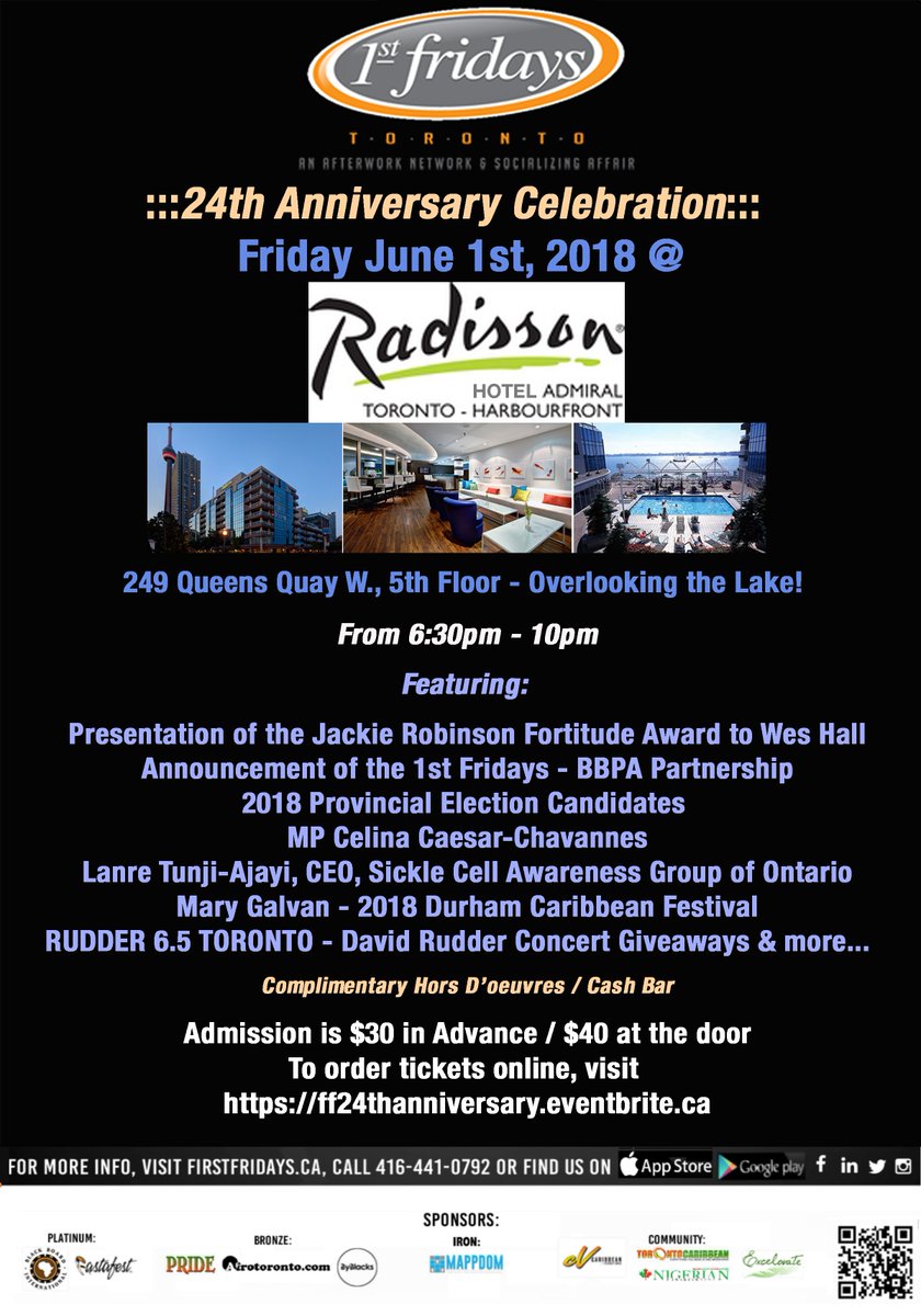 FirstFridaysTO's tweet image. 1st Fridays 24th Anniversary
Tonight @ The Radisson Admiral Hotel
5th Floor @ The View - Overlooking the Lake!
249 Queens Quay W., Toronto ON
From 7pm - 10pm
Use Discount Code: ff-tw to receive 25% OFF online Tickets
ff24thanniversary.eventbrite.ca