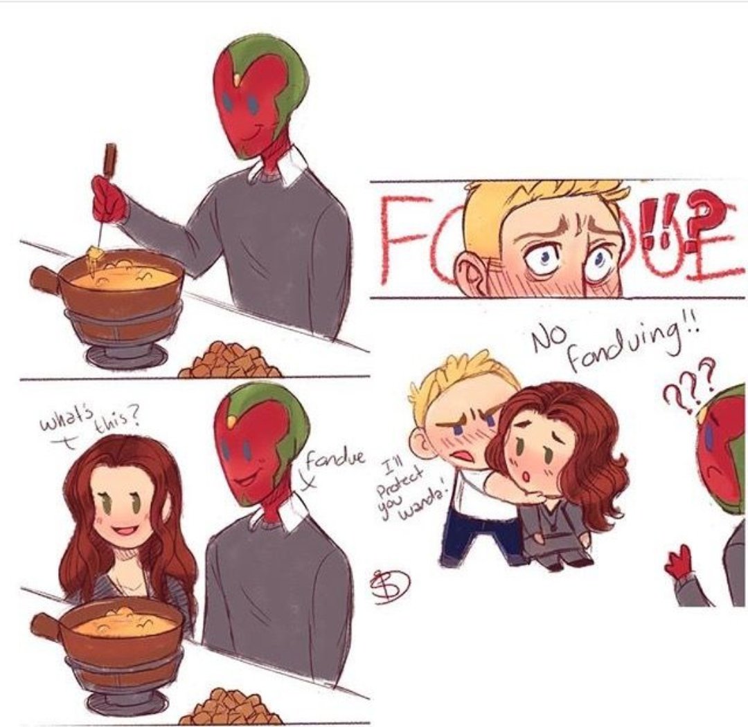 headstrongenvoy's tweet photo. @CapsicleSR @VisixnOfJustice 

They were currently in the kitchen. They. /Them/. Wanda and Vision. 
Vis. Aka /Wanda's BOYFRIEND/.
Nothing out of the ordinary was happening. They were just dicussing what Vision was making.

"What's this?"
"Fondue-"
Wanda was about to respond, +++ https://t.co/P8Hn8r8ZTc