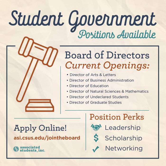 SacStateASI's tweet photo. The time is NOW! Calling all leaders, influencers, and change agents! Apply to serve on the @sacstateasi Board of Directors. #madeatsacstate #studentgovernment #sacstateasi https://t.co/p88EqFWeRS