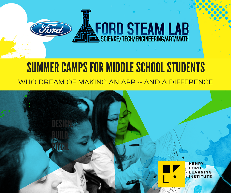 HFLI's tweet photo. Know a #Detroit -area middle school student who dreams of making a mobile app - and a difference? Make it a reality at #FordSTEAMLab Summer Camp. Only a few spots left! Campers attend at no cost thanks to @FordFund_ &amp; @BestBuy Foundation. @FRECCity #STEM https://t.co/FB7xphAKYP https://t.co/rrYU82mZSp