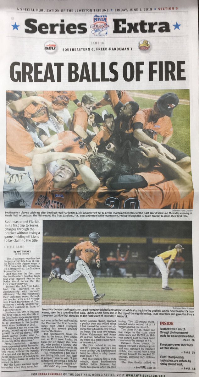 SEUFireBaseball's tweet image. Your NAIA NATIONAL CHAMPIONSHIP Fire baseball team in today’s Lewiston Tribune:
#FanTheFire🔥