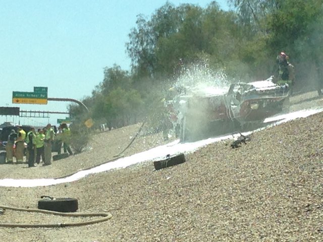 Firefighters on scene of a car fire on San Tan Loop 202 &amp; Alma School Rd. This was a single vehicle rollover accident with one patient in serious condition. Patient transported to CRMC trauma center.
